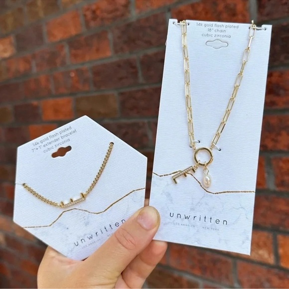 Anthropologie Jewelry - E Initial Gold Crystal Bracelet&Necklace Set